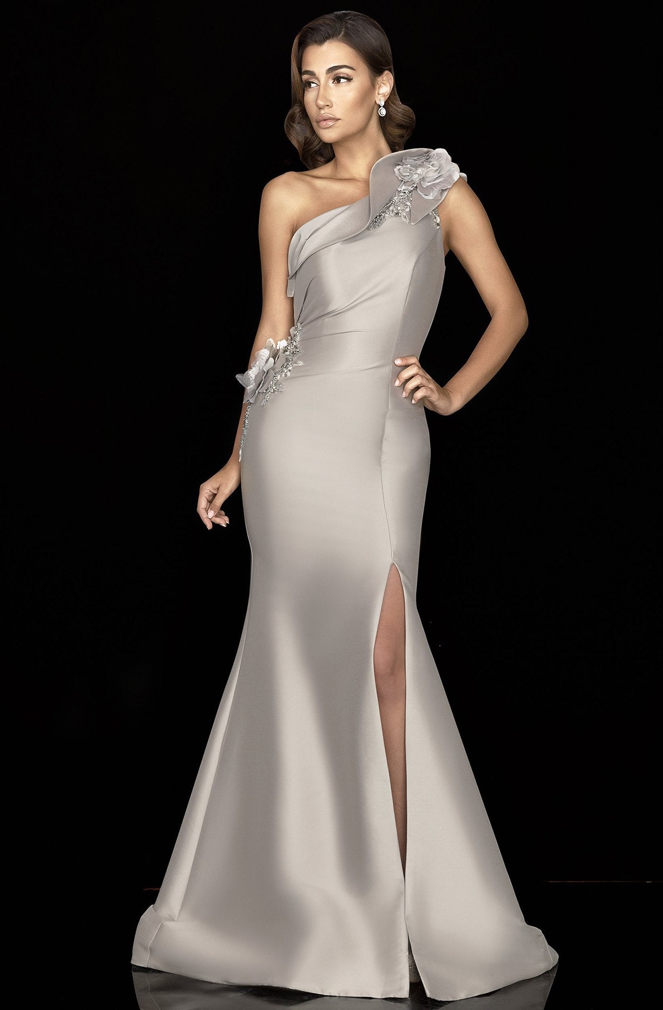 Terani Couture - 2011E2427SC Floral Ruffle Draped One Shoulder Dress