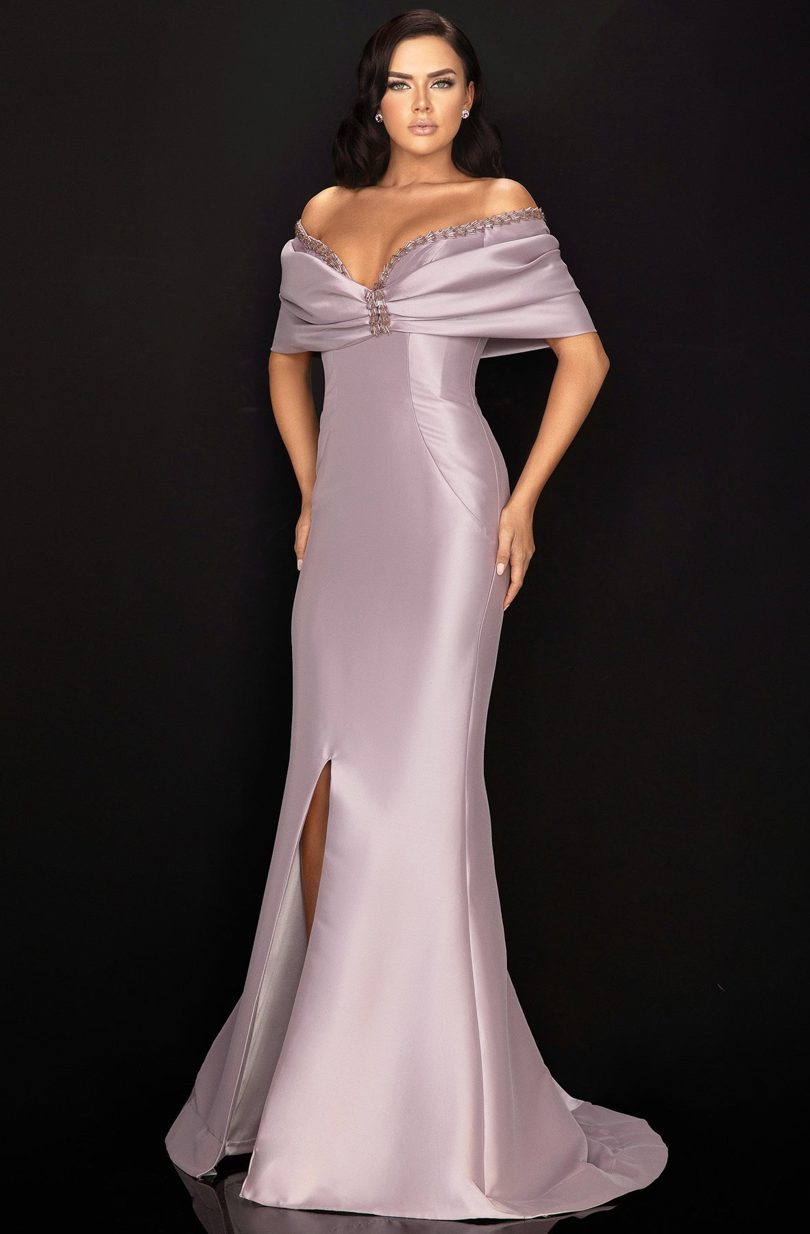 Terani Couture - 2011M2138 Wrapped Shawl Long High Slit Gown In Purple