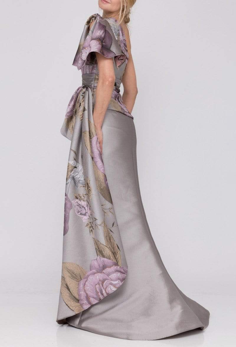 Terani Couture - 2011E2100 Floral Print Asymmetric Trumpet Dress In Pink and Gray