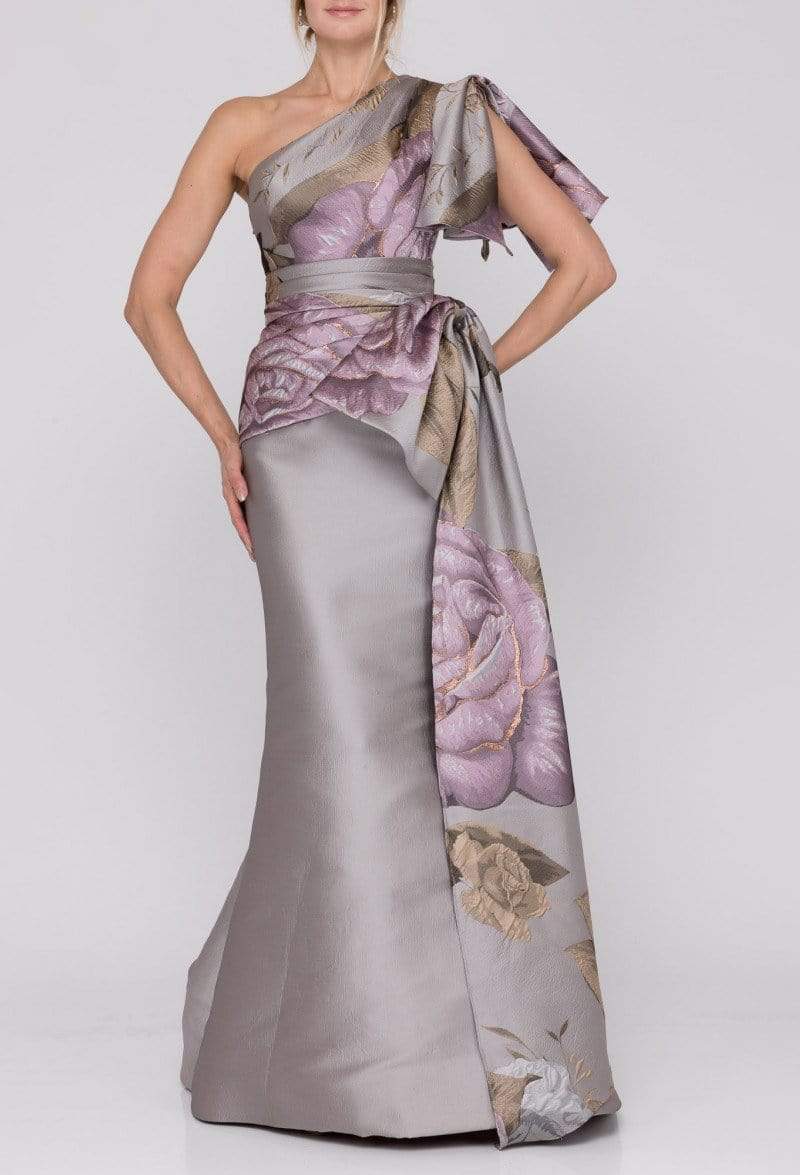 Terani Couture - 2011E2100 Floral Print Asymmetric Trumpet Dress In Pink and Gray