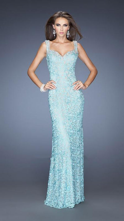 La Femme - Magnificently Embellished Lace Sweetheart Sheath Gown 20121 in Blue