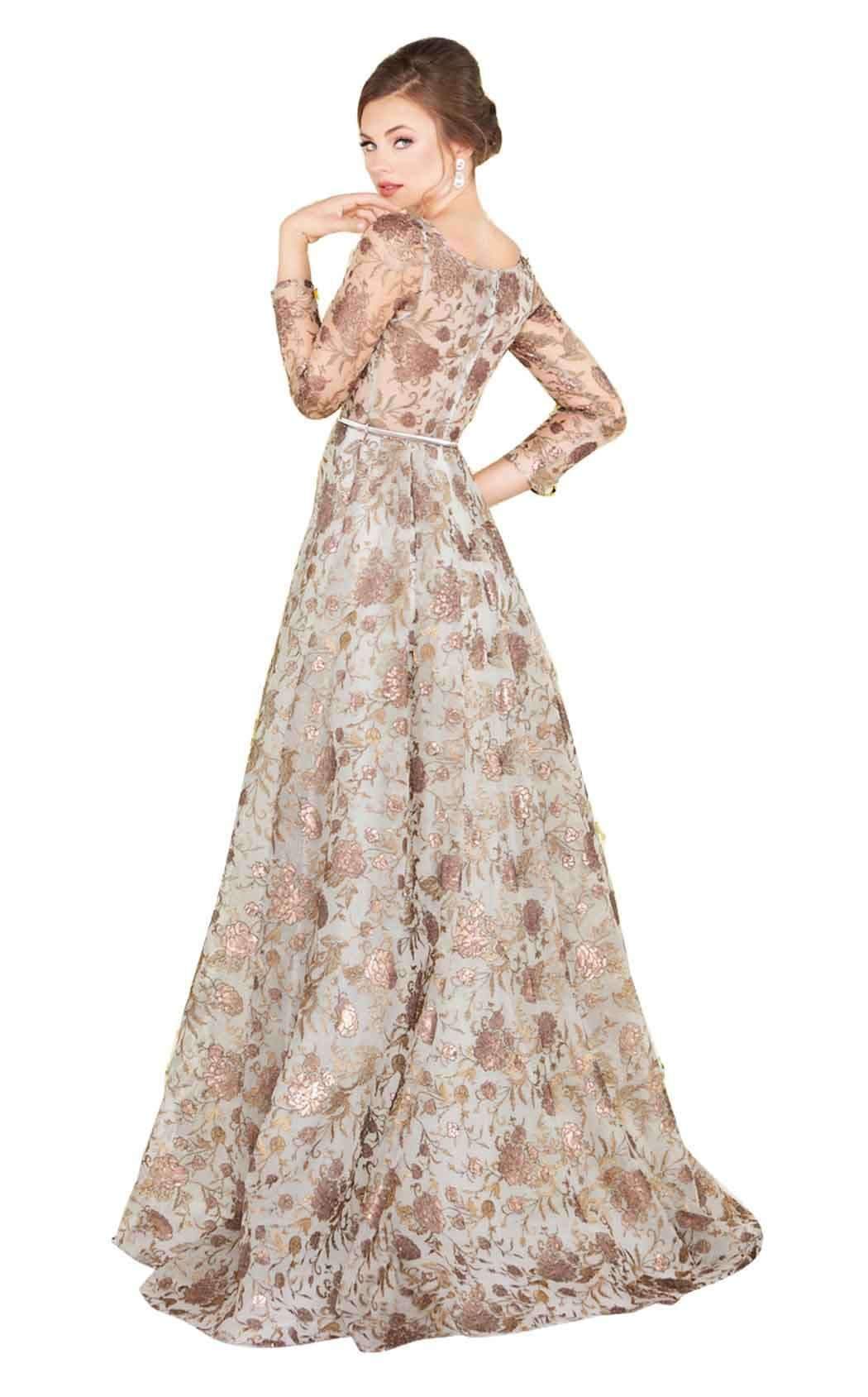Mac Duggal Couture - 20123D Embossed Bateau A-Line Evening Gown In Brown