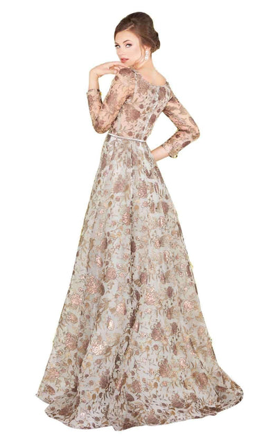Mac Duggal Couture - 20123D Embossed Bateau A-Line Evening Gown In Brown