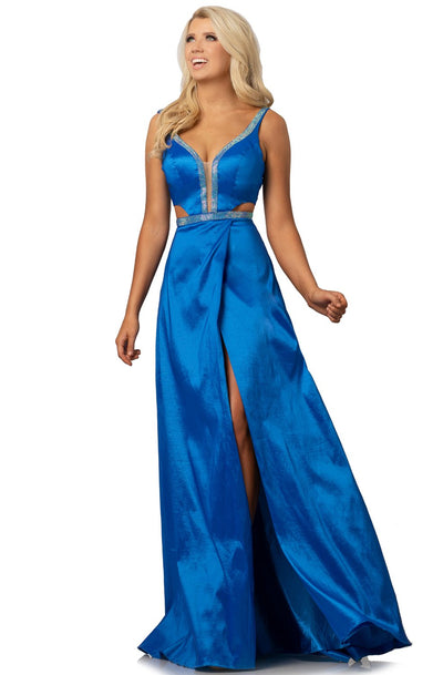 Johnathan Kayne - 2012 Beaded Plunge Cutout Midriff High Slit Gown In Blue