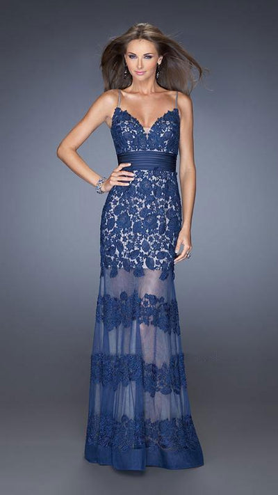 La Femme - Sweetheart Floral Lace Striped Evening Dress 20131 In Blue