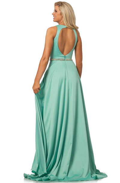 Johnathan Kayne - 2013 Bejeweled Waist Wrap High Slit Long Gown In Green