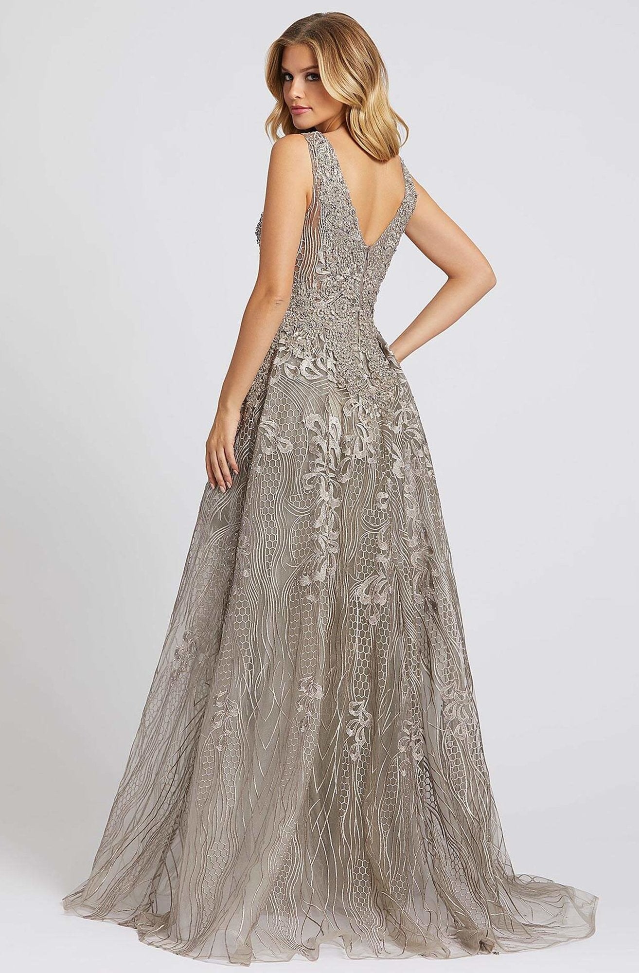 Mac Duggal Evening - 20155D Bead Embellished Gown with Overskirt In Gray