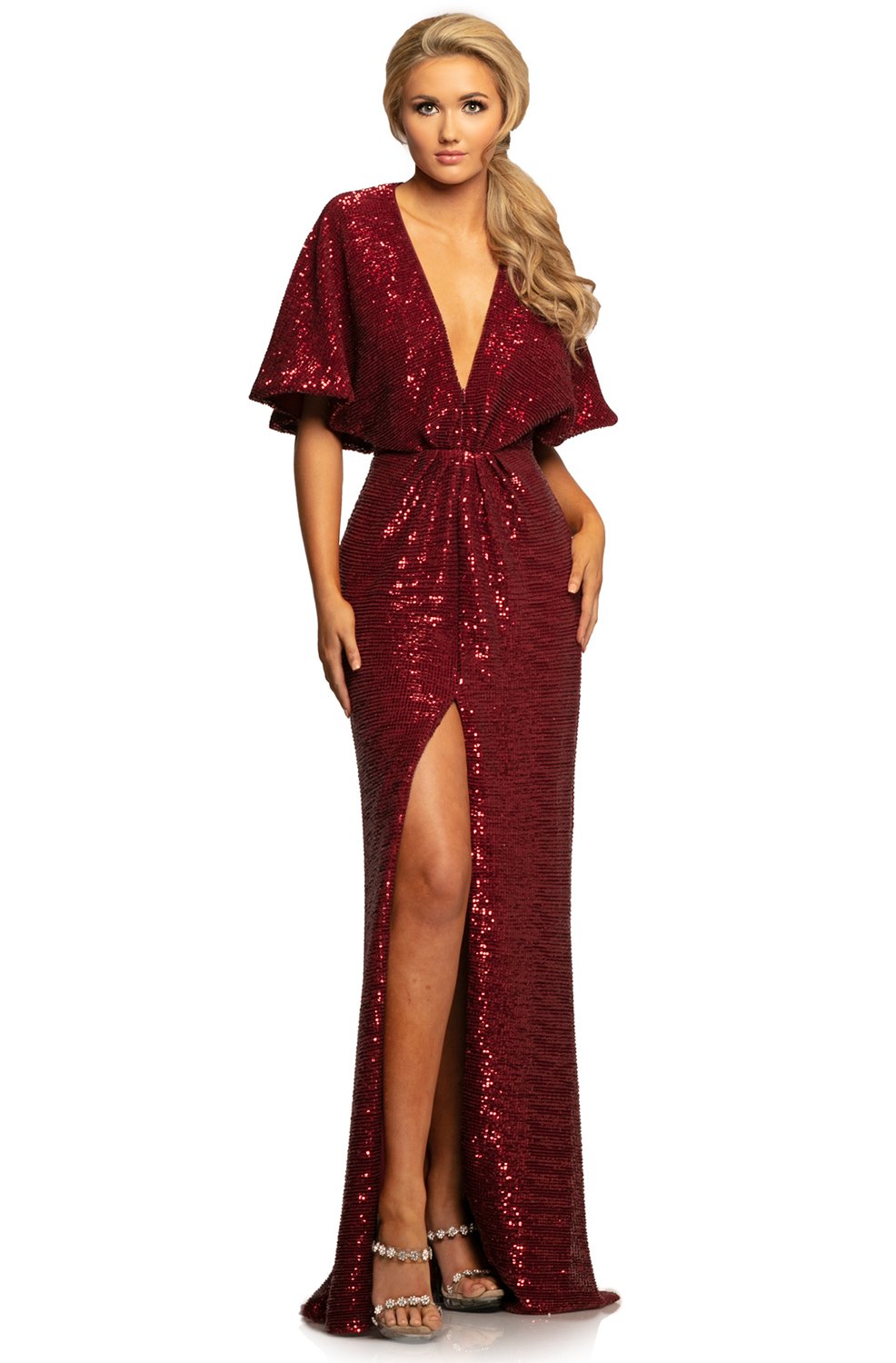 Johnathan Kayne - 2015 Plunging V Neck Kimono Sleeves Sequins Gown In Red