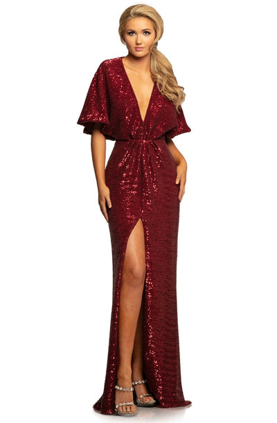 Johnathan Kayne - 2015 Plunging V Neck Kimono Sleeves Sequins Gown In Red