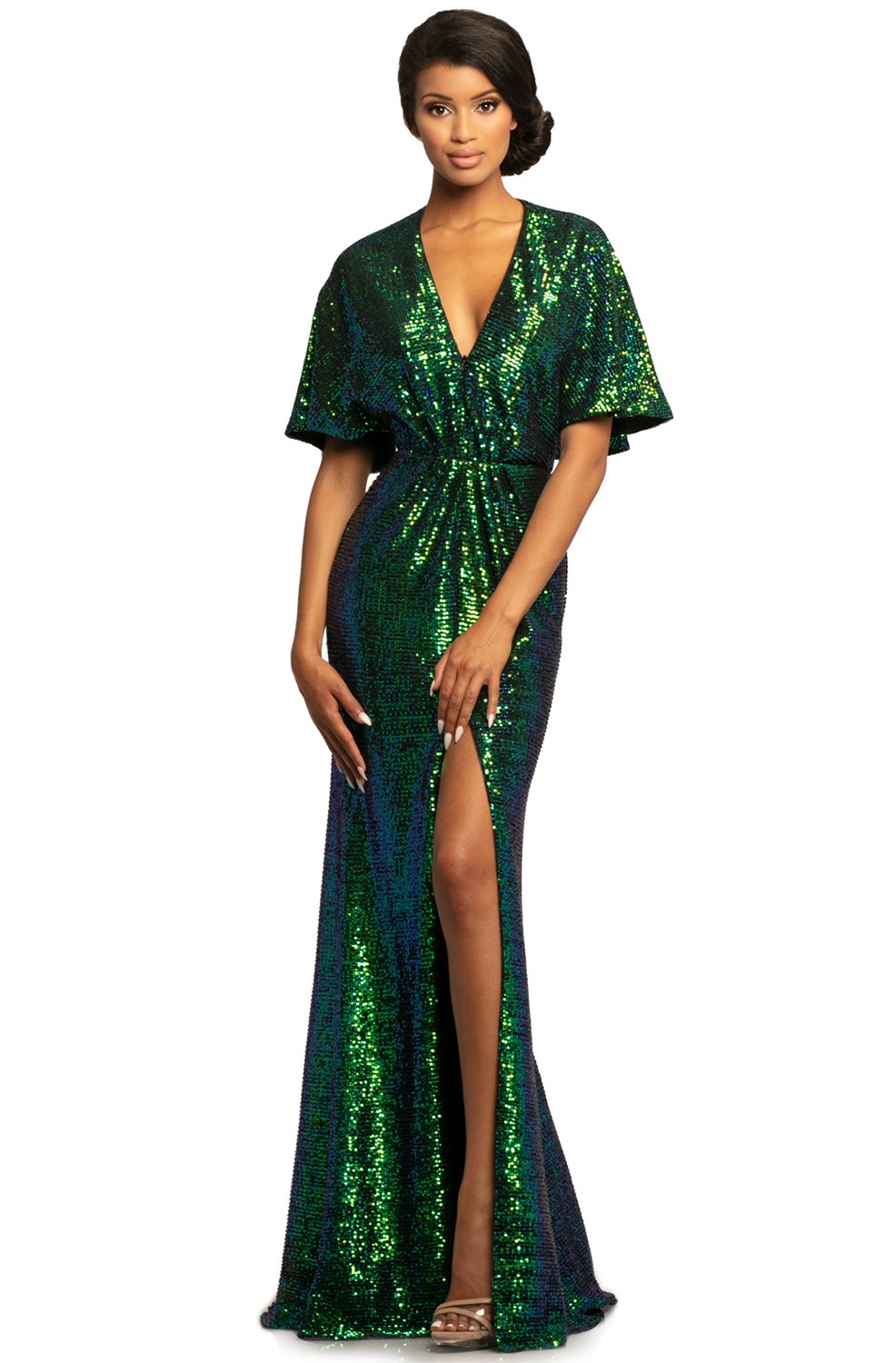 Johnathan Kayne - 2015 Plunging V Neck Kimono Sleeves Sequins Gown In Green