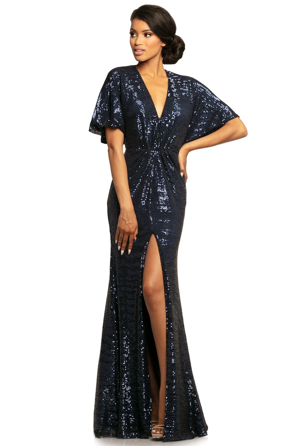 Johnathan Kayne - 2015 Plunging V Neck Kimono Sleeves Sequins Gown In Blue