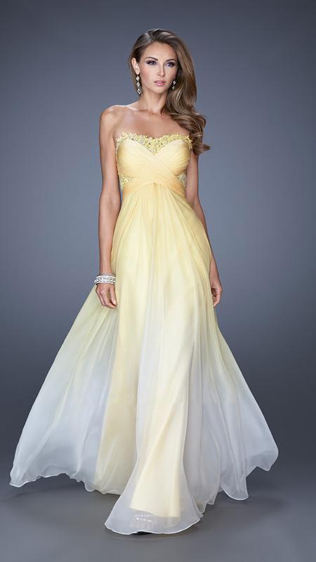 La Femme - Ombre Lace Trimmed Sweetheart A-Line Gown 20167 in Yellow