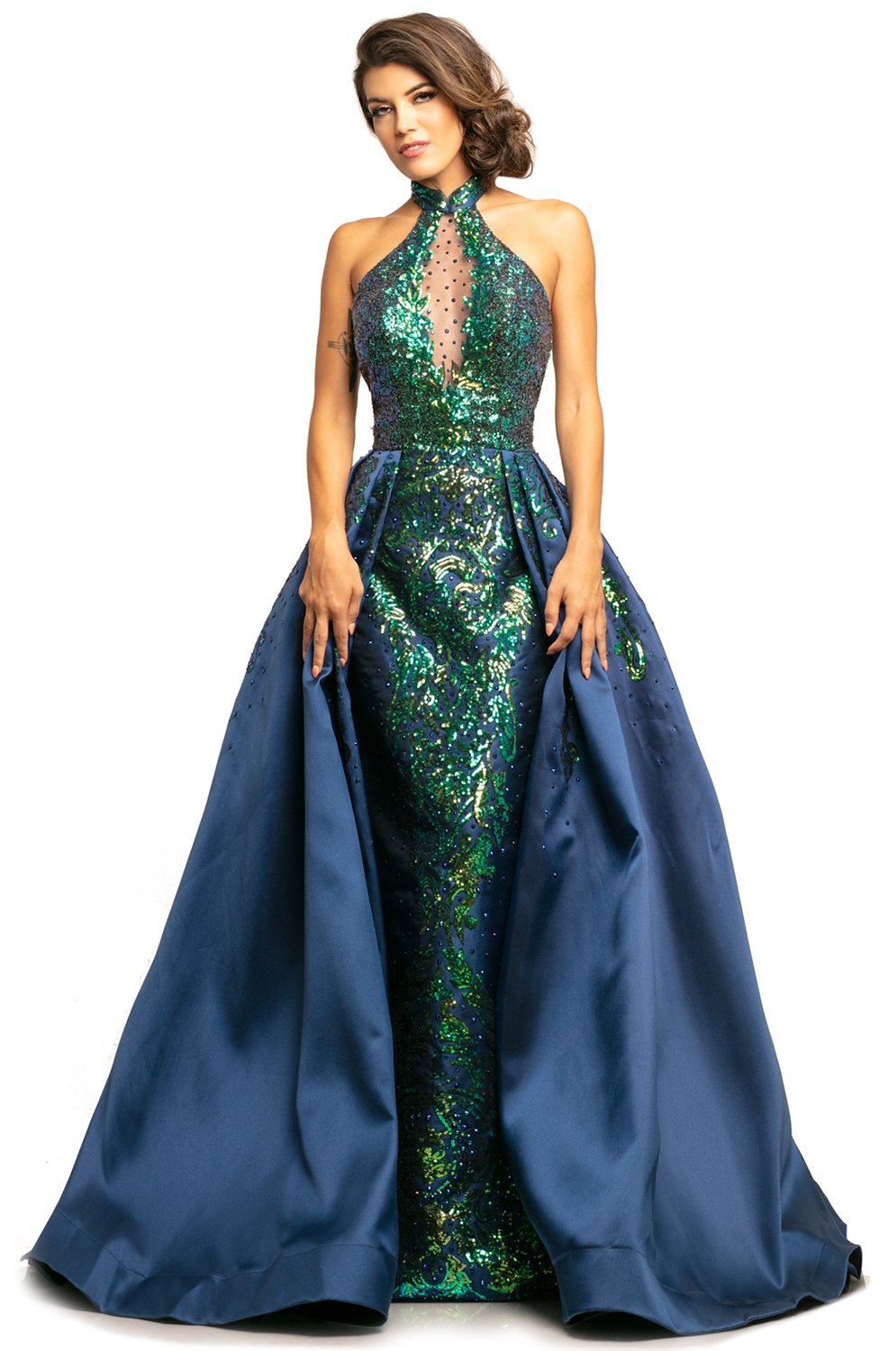 Johnathan Kayne - 2016 Sequined High Halter Dress with Overskirt In Blue and Multi-Color