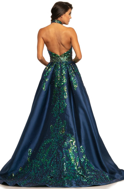 Johnathan Kayne - 2016 Sequined High Halter Dress with Overskirt In Blue and Multi-Color