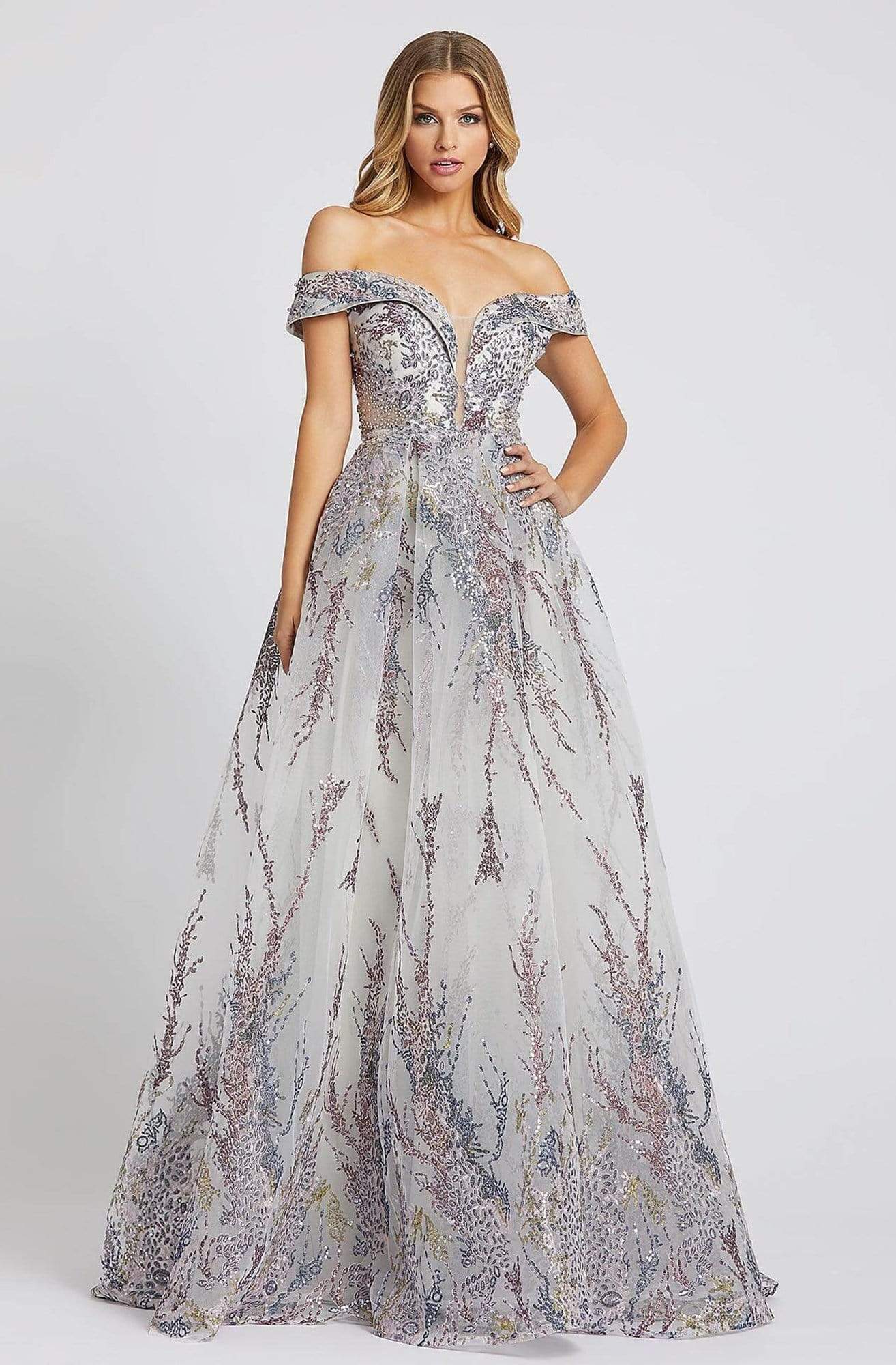 Mac Duggal Evening - 20174D Embellished Deep Off-Shoulder Ballgown In Gray and Multi-Color