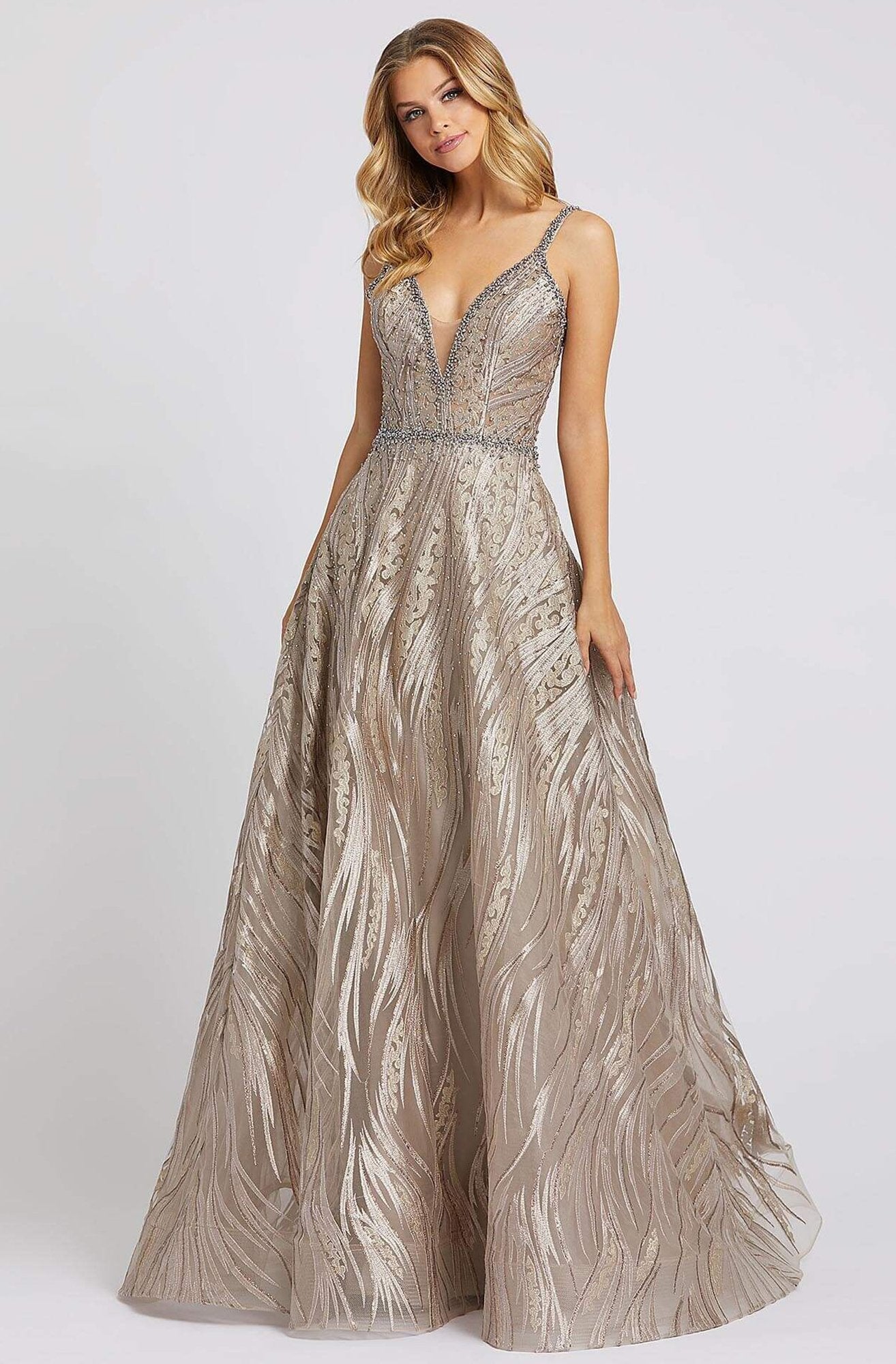 Mac Duggal Evening - 20185D Embellished Deep V-neck A-line Gown In Brown