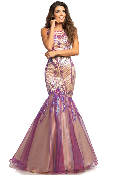 Johnathan Kayne - 2018 Sequin Embellished Scoop Mermaid Gown In Purple and Neutral