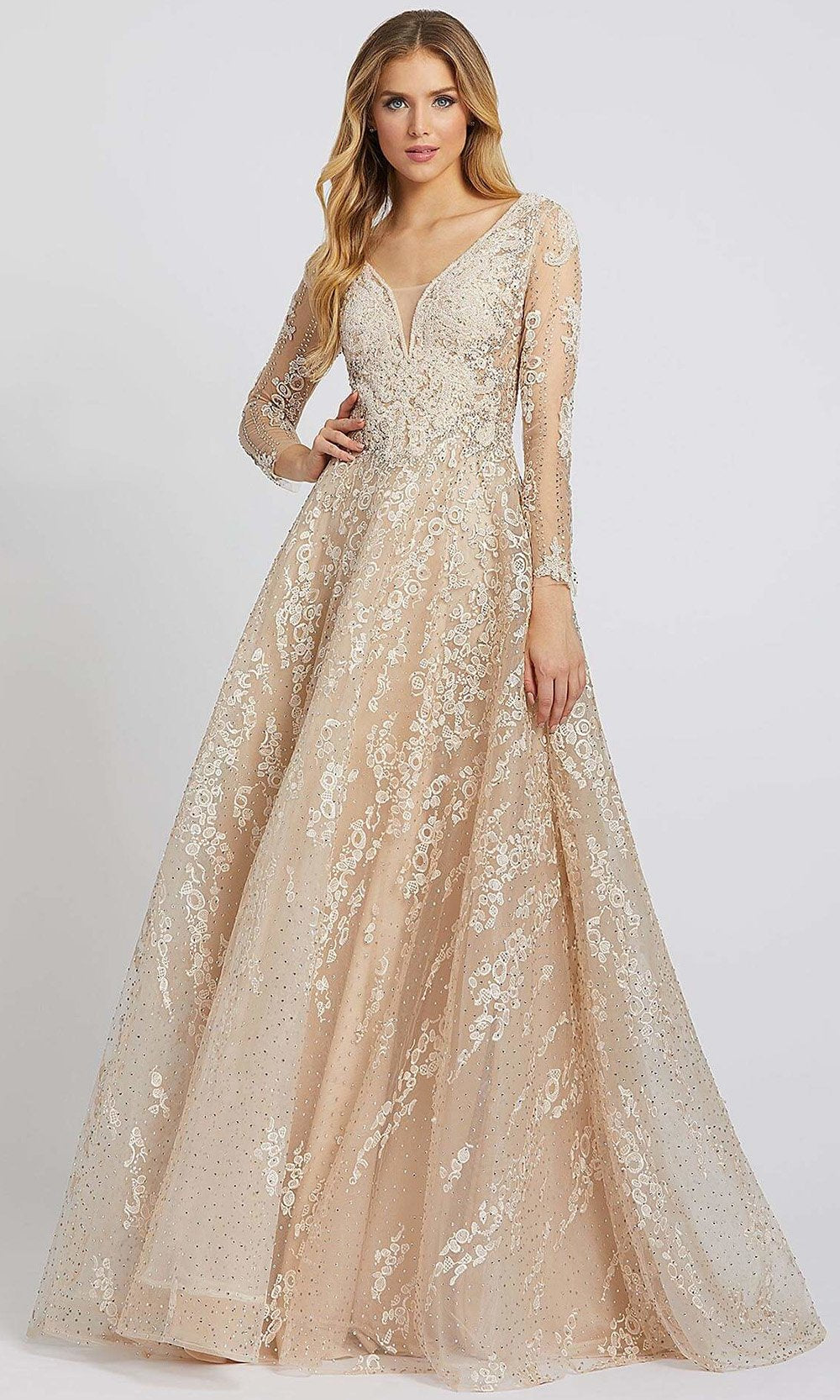 Mac Duggal - Rhinestone-Ornate Long Sleeve Embroidered Gown 20212D In Neutral