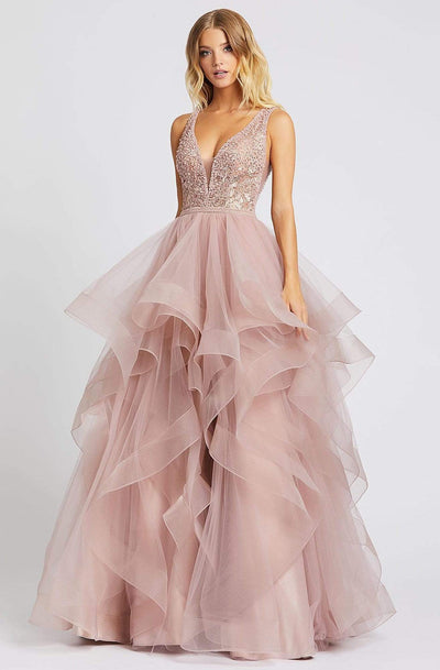 Mac Duggal Prom - 20223M Beaded Lace Plunged Bodice Tiered Gown In Pink