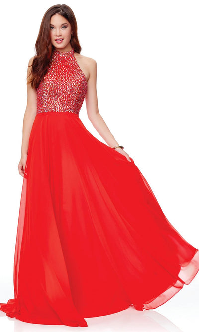 Clarisse - 3750 Rhinestone-Studded High Halter Chiffon Gown In Red