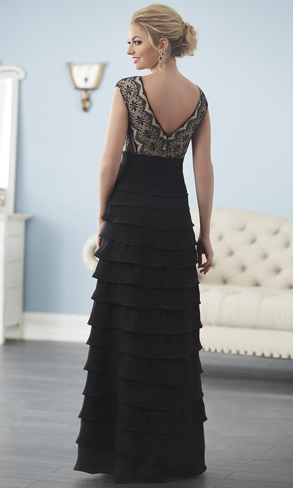 Christina Wu Elegance - Lace Plunging V-neck Tiered Fitted Dress 20241 In Black and Neutral