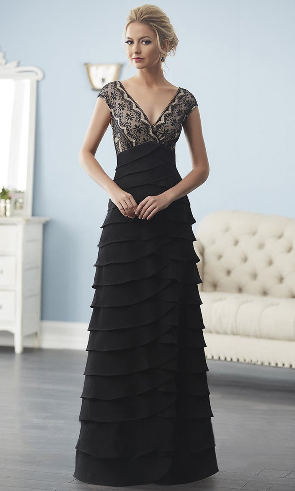 Christina Wu Elegance - Lace Plunging V-neck Tiered Fitted Dress 20241 In Black and Neutral
