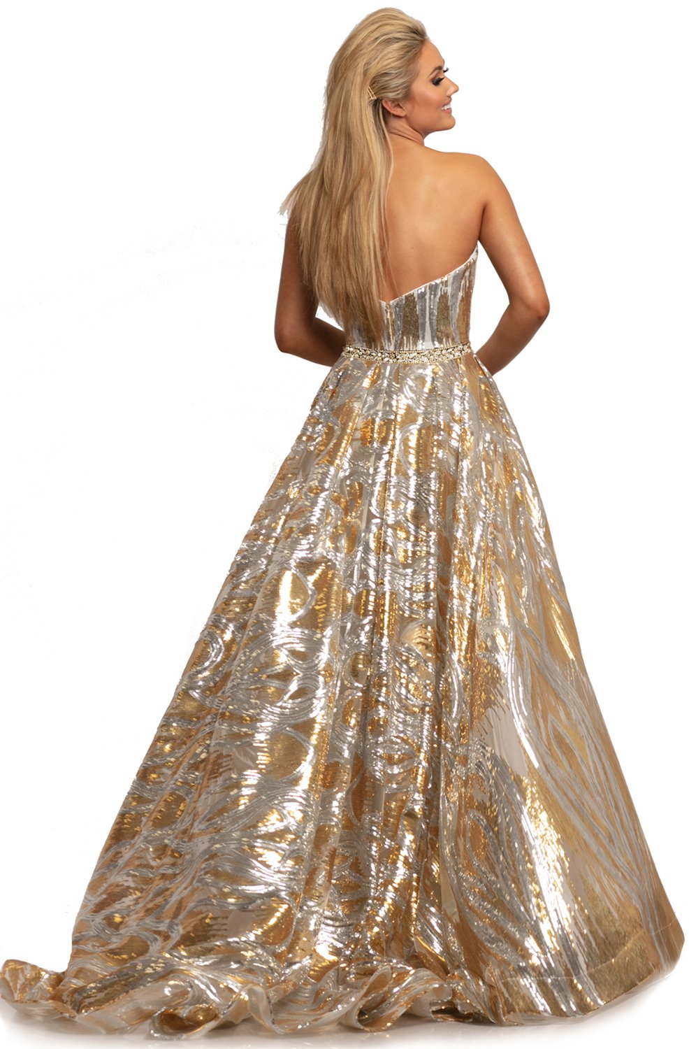 Johnathan Kayne - 2025 Embellished Two Tone Deep V-neck Trumpet Dress In Gold and Silver