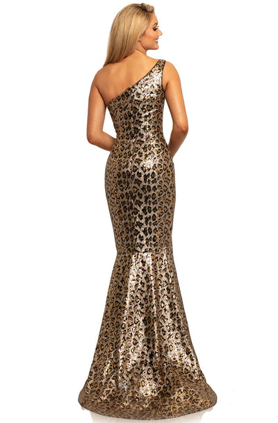 Johnathan Kayne - 2028 Sequined One Shoulder Trumpet Dress In Black and Gold