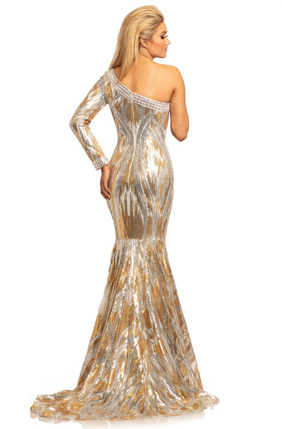 Johnathan Kayne - 2031 Sequined Long Sleeve Trumpet Dress In Gold and Silver