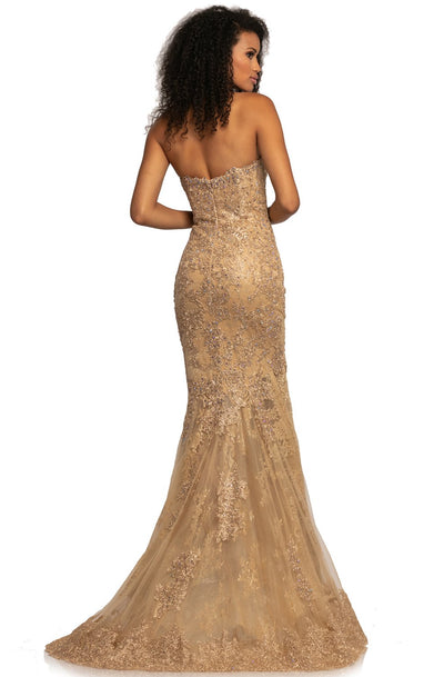 Johnathan Kayne - 2032 Beaded Lace Plunging Sweetheart Dress In Gold