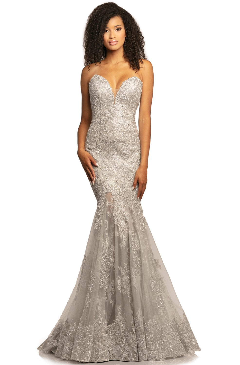 Johnathan Kayne - 2032 Beaded Lace Plunging Sweetheart Dress In Silver