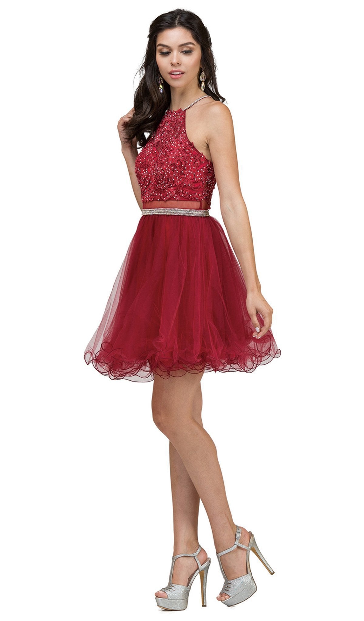 Dancing Queen - 2033 Halter Beaded Applique Cocktail Dress In Red