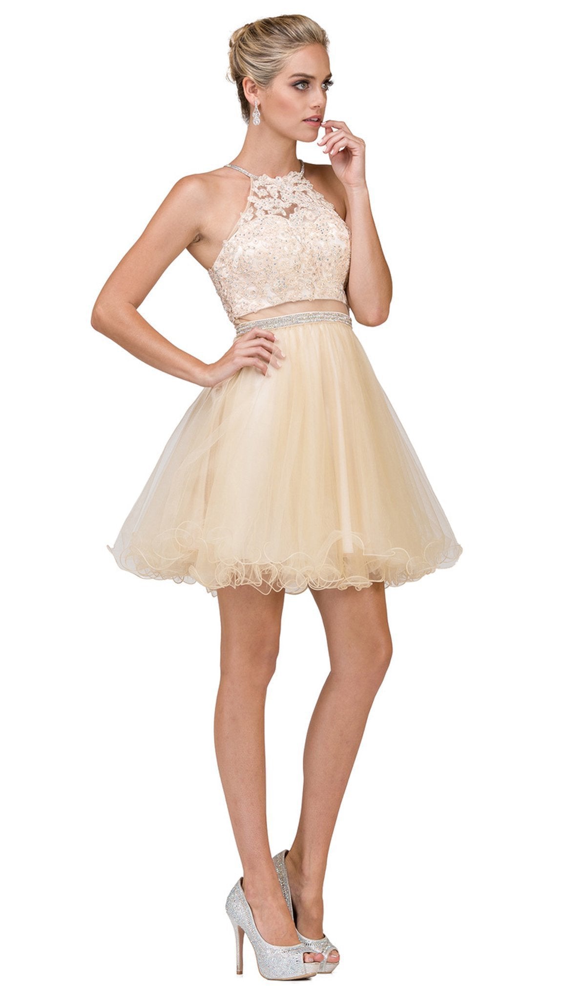 Dancing Queen - 2033 Halter Beaded Applique Cocktail Dress In Nude