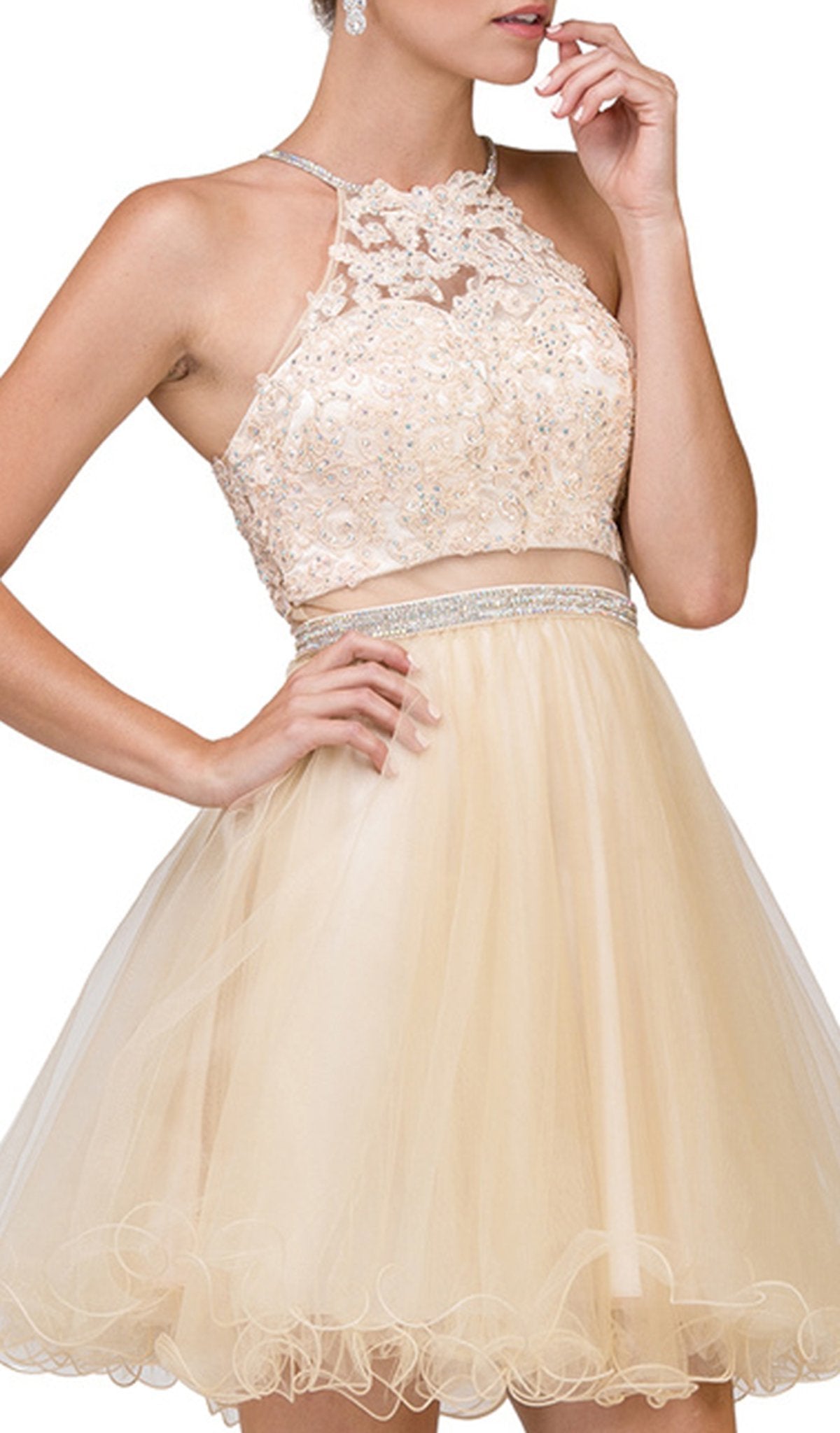 Dancing Queen - 2033 Halter Beaded Applique Cocktail Dress In Nude