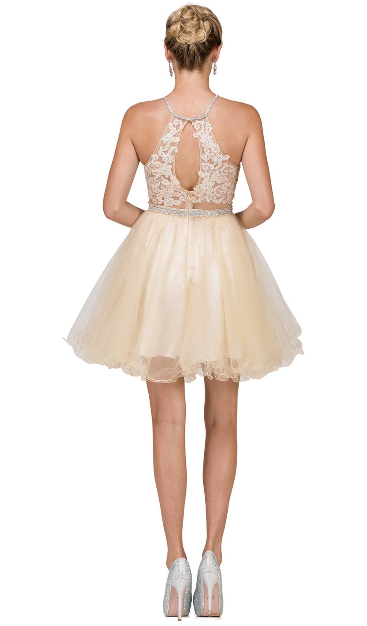 Dancing Queen - 2033 Halter Beaded Applique Cocktail Dress In Nude