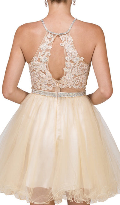 Dancing Queen - 2033 Halter Beaded Applique Cocktail Dress In Nude