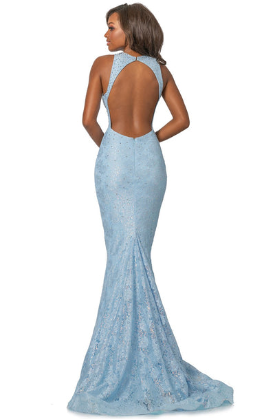 Johnathan Kayne - 2036 Jewel Ornate Metallic Lace Mermaid Gown In Blue
