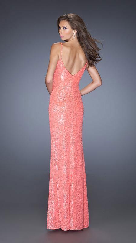 La Femme - Sequin and Lace Spaghetti Strap Evening Dress 20431 In Pink