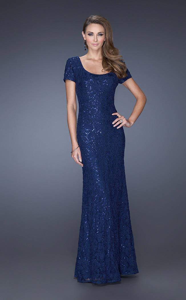 La Femme Sequined Short Sleeves Sheath Evening Gown 20463 - 1 pc Navy In Size 16 Available In Blue