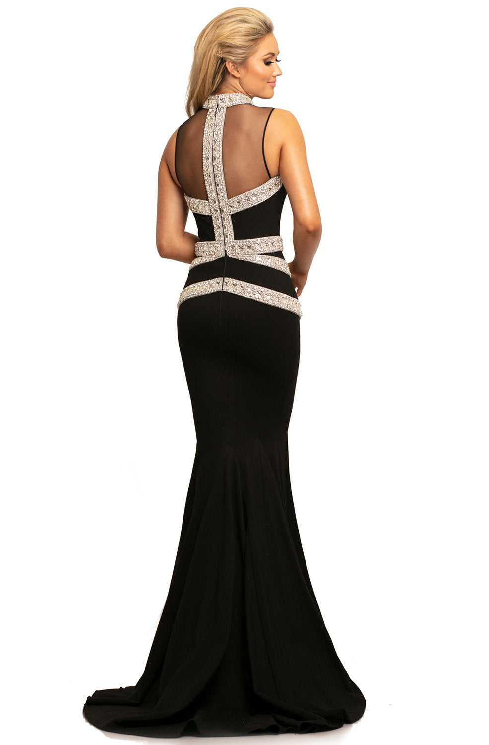 Johnathan Kayne - 2048 Embellished High Neck Trumpet Dress In Black