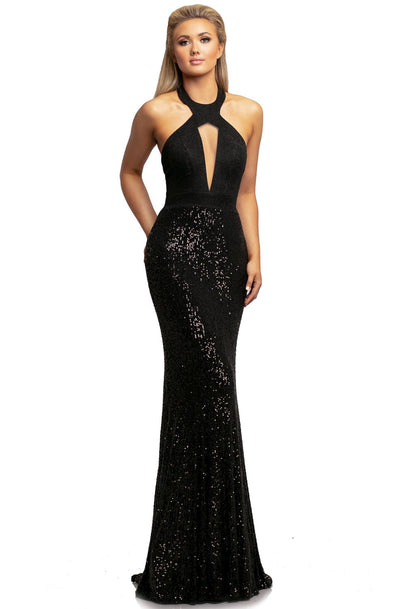 Johnathan Kayne - 2050 Halter Neck Embellished Sheath Dress In Black