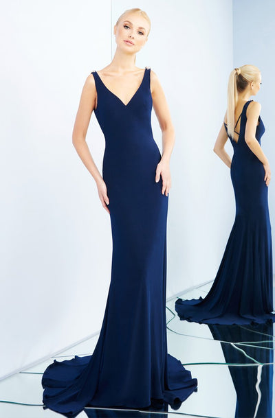 Ieena Duggal - 2050I Sleeveless V-neck Jersey Trumpet Dress With Train In Blue