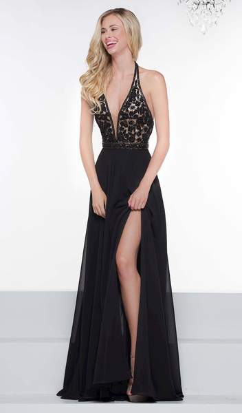 Colors Dress - Floral Beaded Plunging Halter Chiffon Gown 2051 In Black
