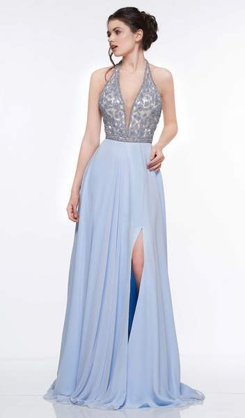 Colors Dress - 2051 Floral Beaded Plunging Halter Chiffon Gown In Blue