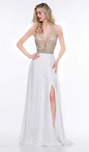 Colors Dress - 2051 Floral Beaded Plunging Halter Chiffon Gown In White