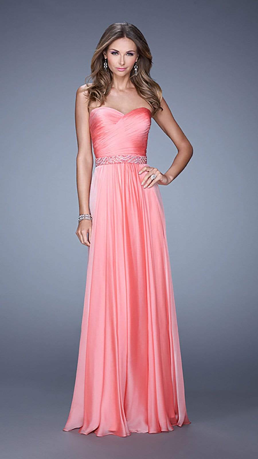 La Femme - 20527 Wrap Ruched Chiffon Gown Special Occasion Dress 00 / Coral