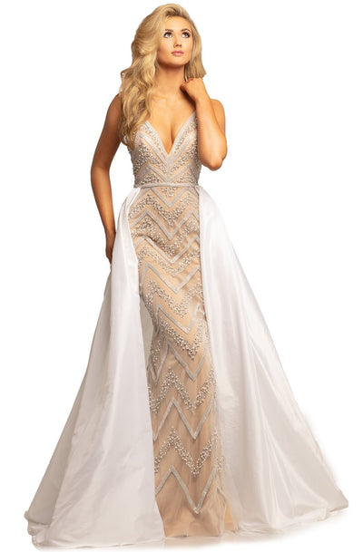 Johnathan Kayne - 2052 Embellished Dress with Ballgown Overskirt In White and Neutral