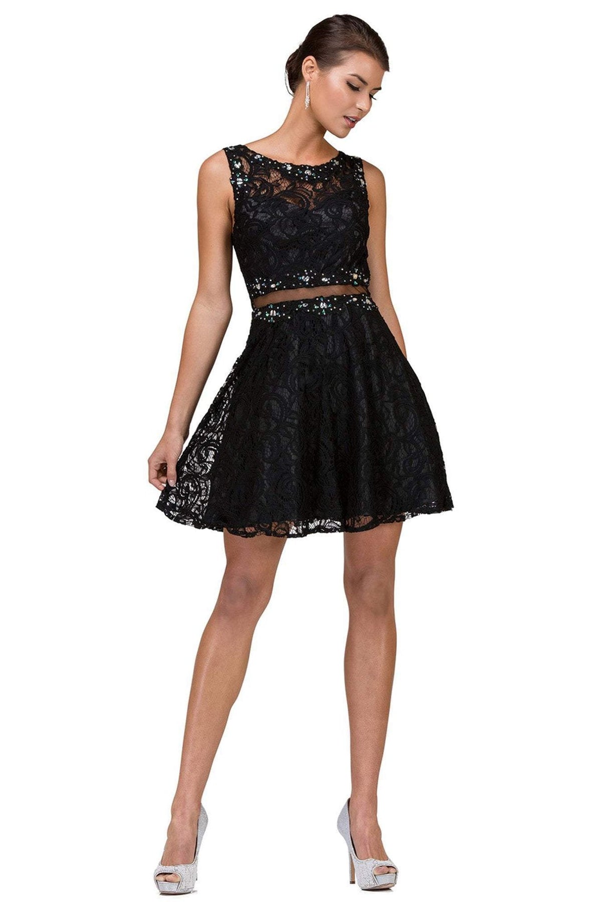 Dancing Queen Illusion Midriff Jeweled Lace A-Line Dress - 1 pc Black In Size S Available In Black