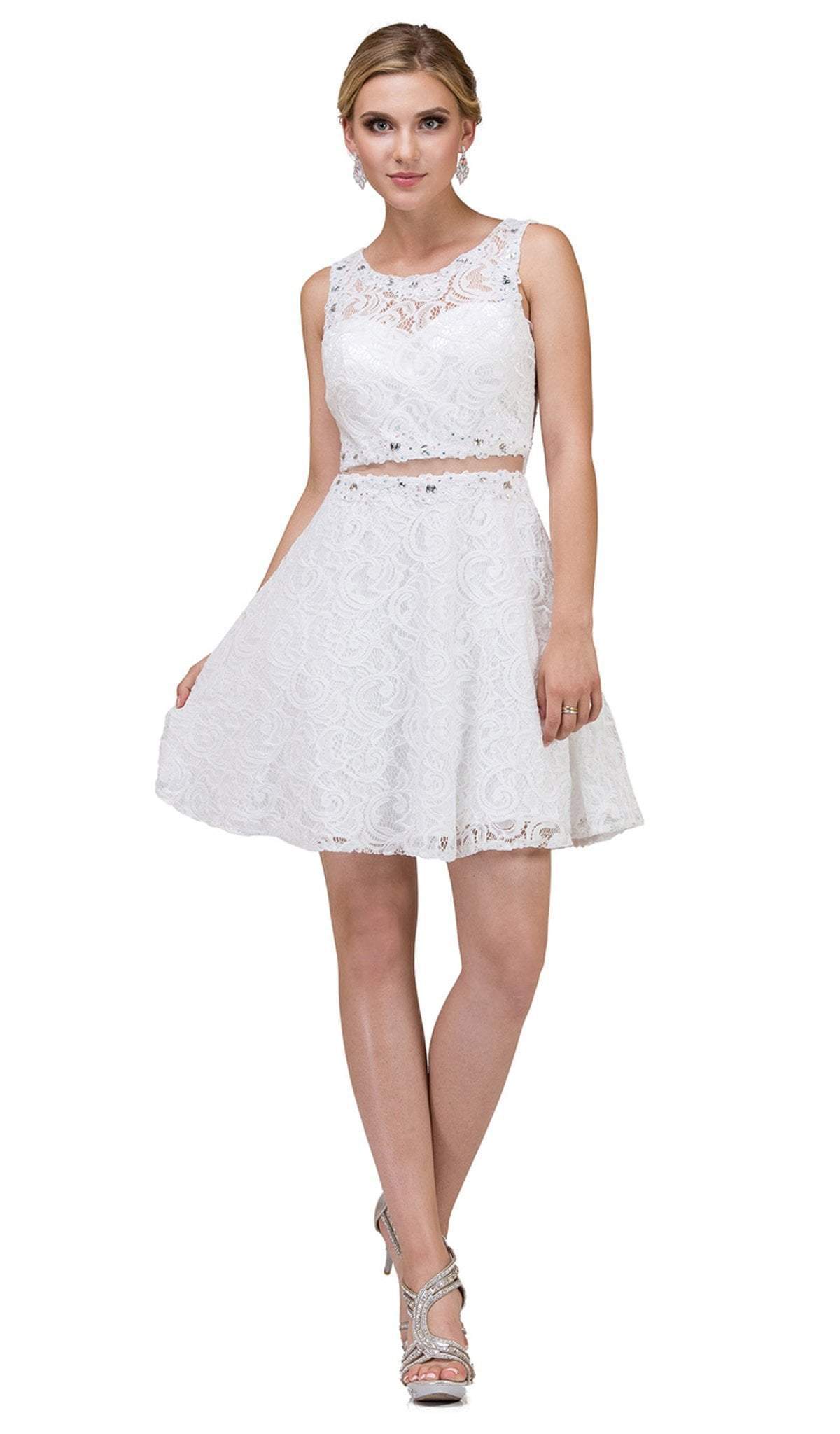 Dancing Queen - 2053 Two Piece Beaded Lace Cocktail Dress In White