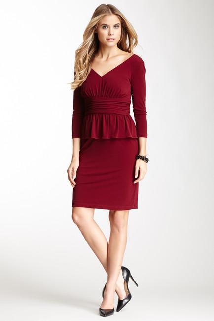 Muse - Ruched Peplum Cocktail Dress M1587M in Red